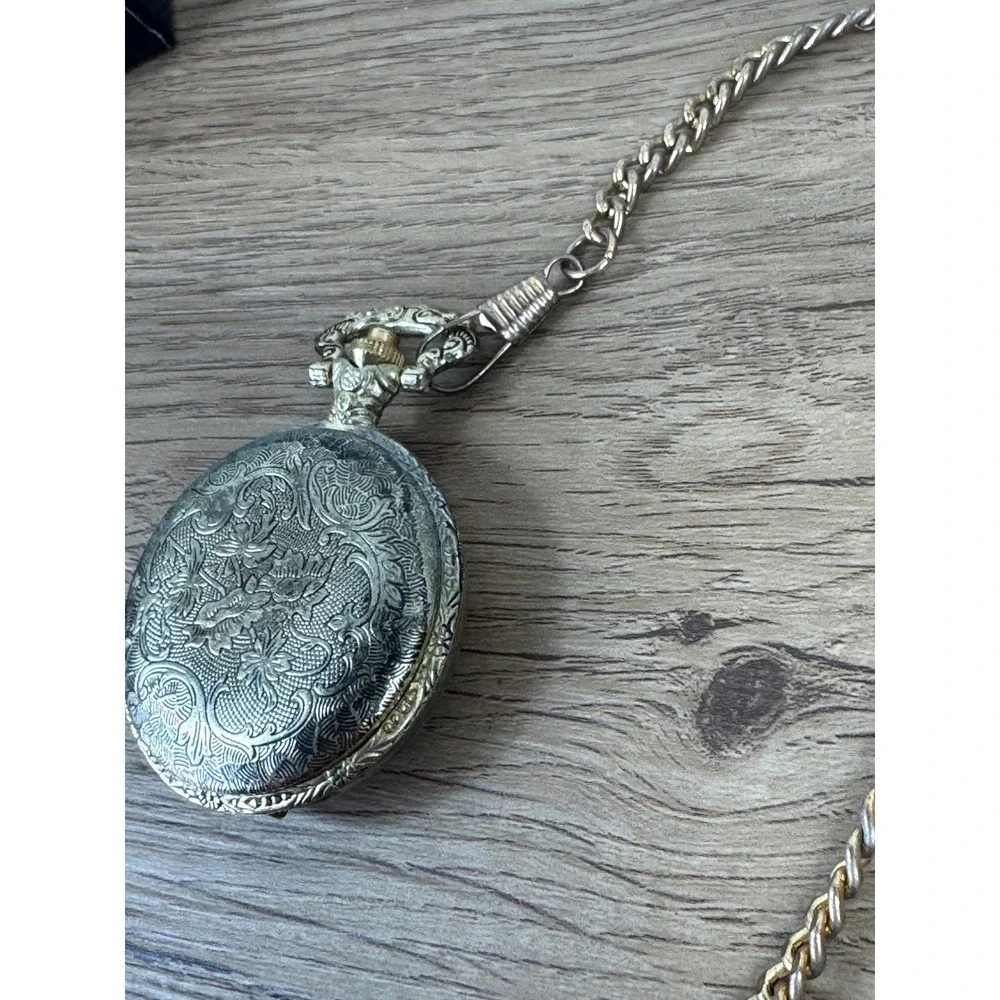 Azur Pocket Watch Gold Tone Vintage Car Embossed Quartz Chain
